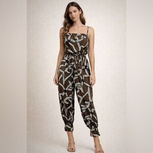 Pixie Brand Sleeveless Women's Jumper Pants Brown & White Knee Length Small